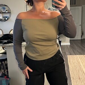 Edikted Olive and Gray Off-Shoulder Long Sleeve Top